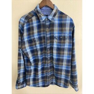 Marmot Flannel Shirt Men's L Preppy Colorful Autumn Fall Flap Pockets Blue Flaw